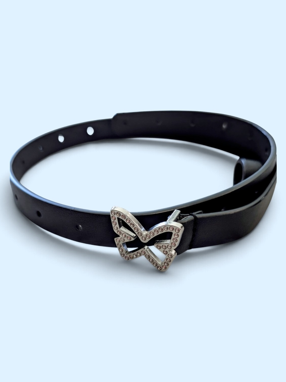 Kids Black Leather Belt Crystal Rhinestone Butterfly Buckle Y2k